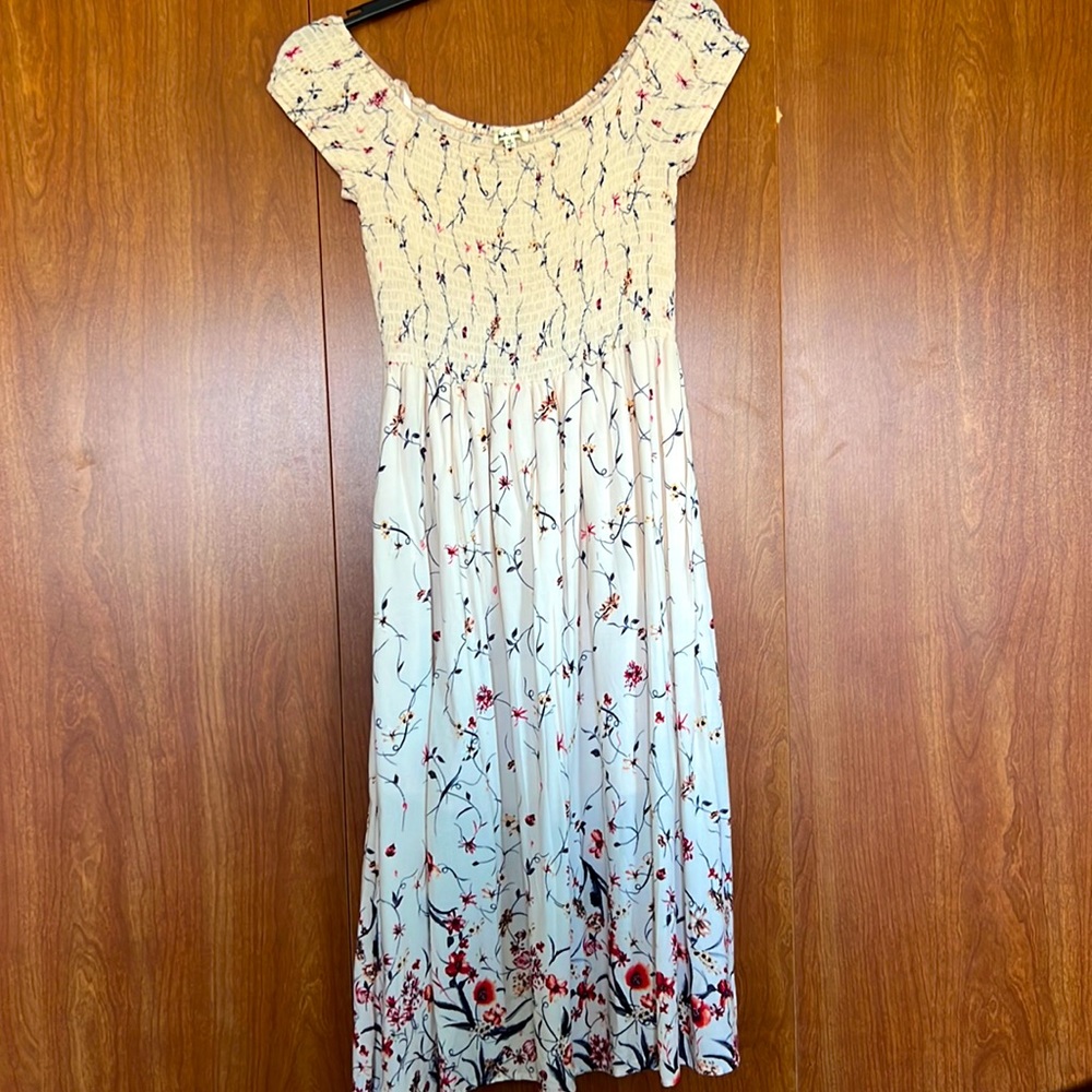 Midi light pink floral off the shoulder dress.